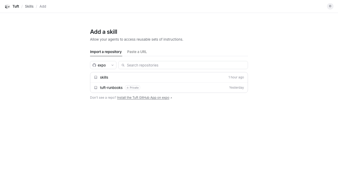 The Add Skill flow for importing a skill from a GitHub repository or URL