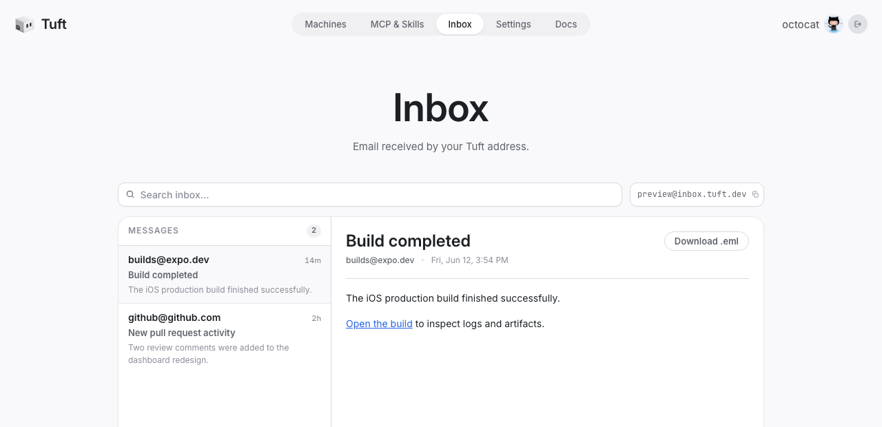 The Inbox page on the dashboard, showing mail received by the machine's address
