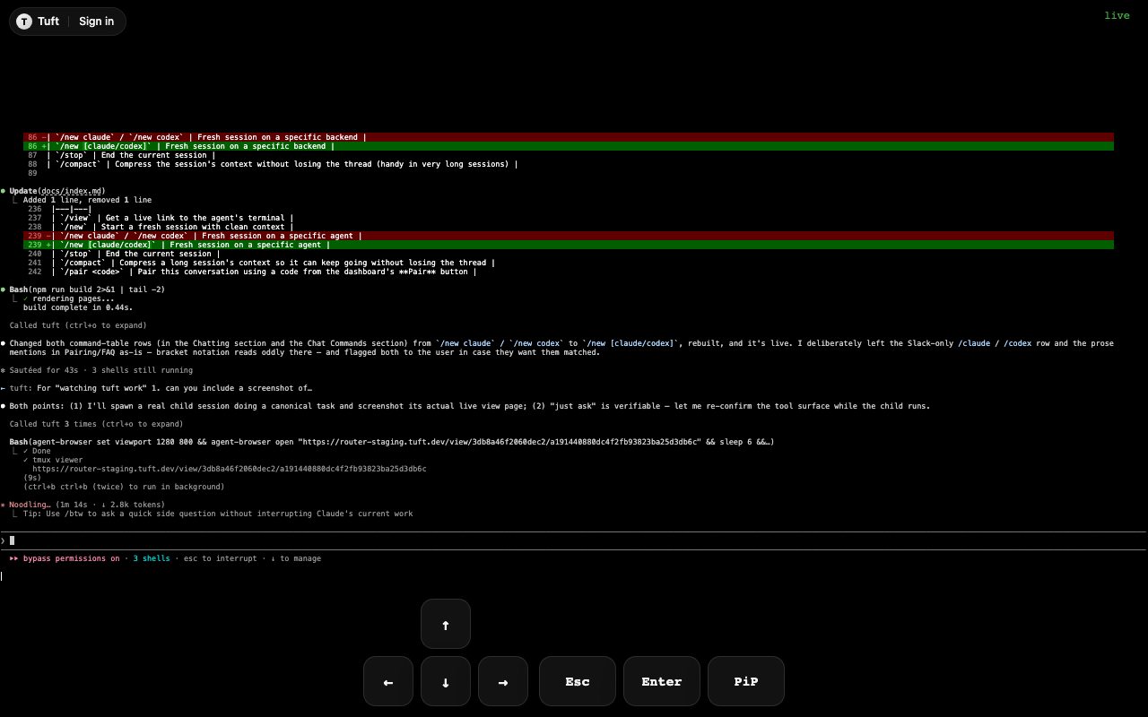 The live terminal view: the agent's terminal streaming in the browser, with touch keys and Picture-in-Picture