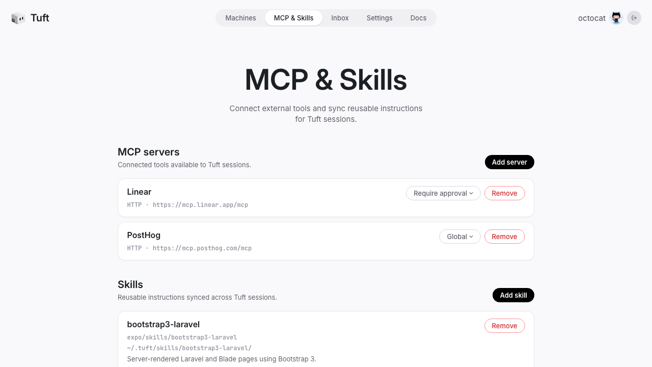 The MCP & Skills page with connected servers and a synced skill