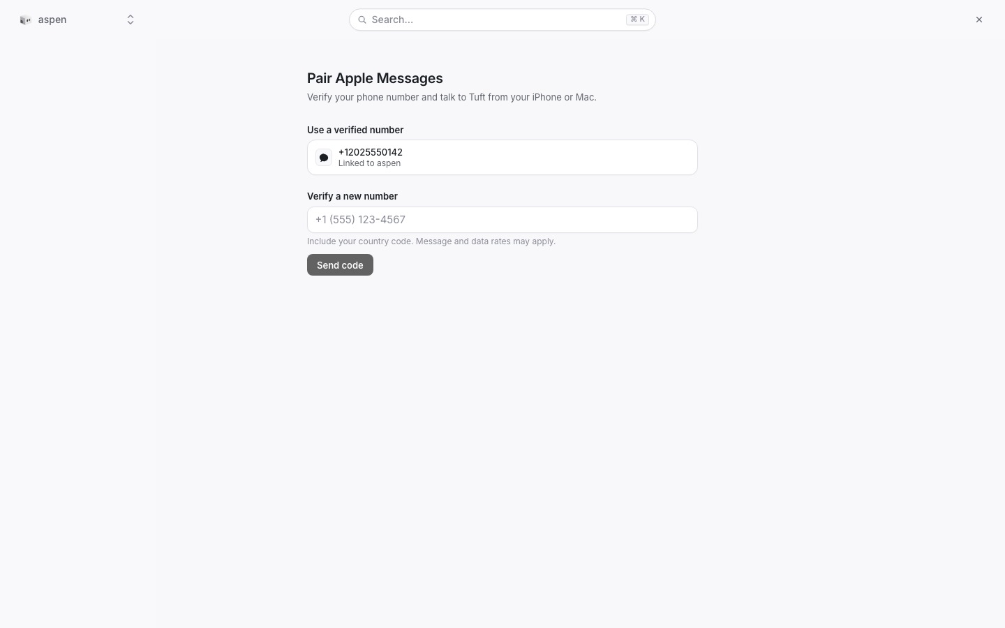 The Apple Messages pairing flow with an existing verified number and the option to verify a new one